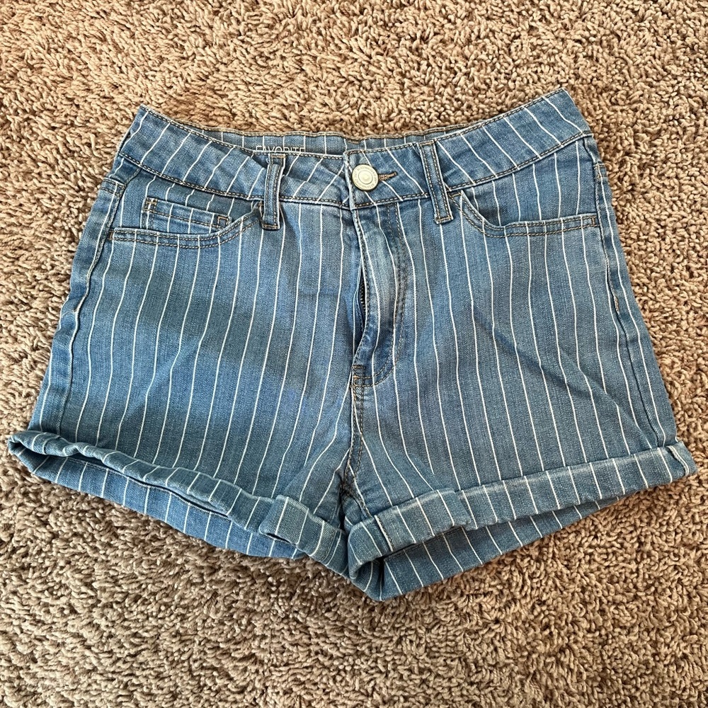 SO Striped High-Rise Shortie jean shorts